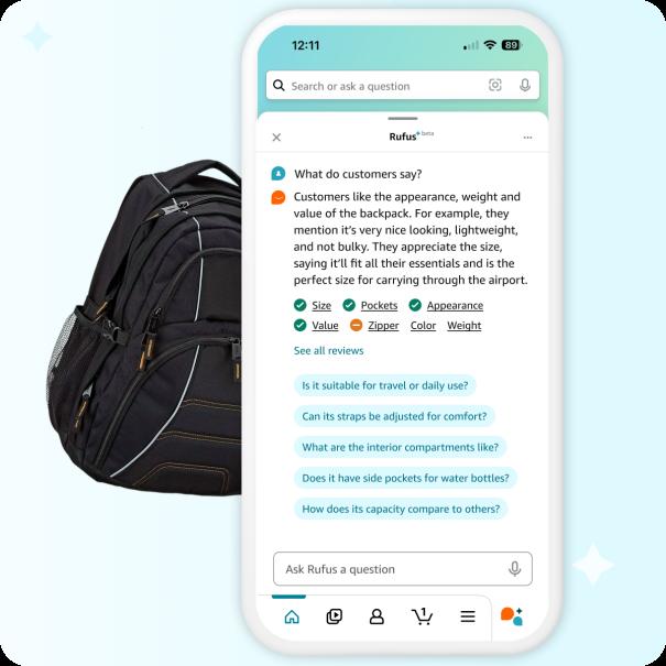 Amazon Rufus 突出显示了产品客户评论的详细摘要（灰色背包）