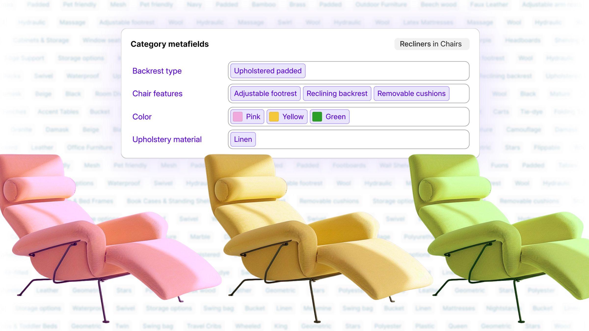 Shopify 的 AI 生成的类别建议的宣传图片。类别元字段的屏幕截图下方有三把粉色、黄色和绿色的椅子。